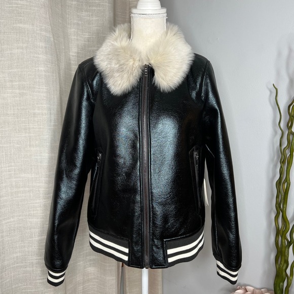 NWT Mother Faux Fur Moto Jacket Vegan Leather Bomber Black Women's Size Medium